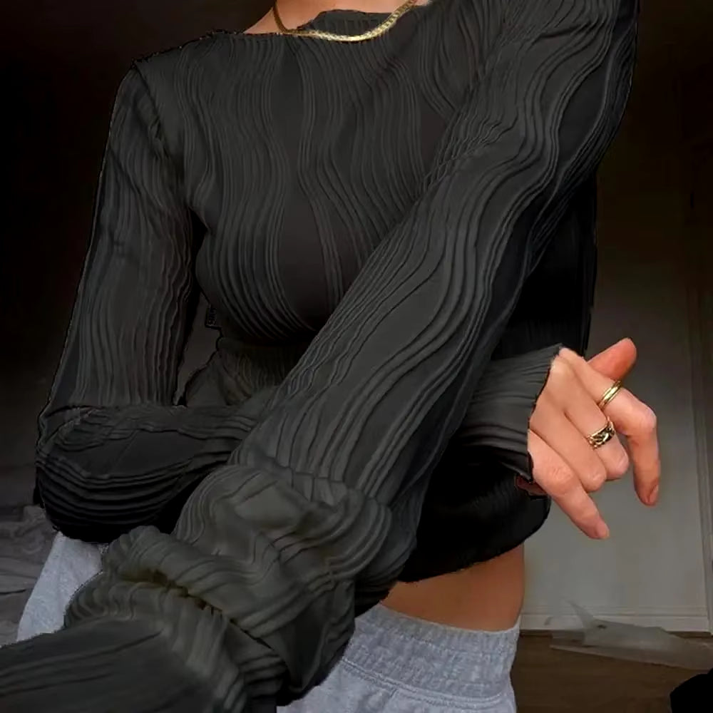 Chic Lightweight Long Sleeve Ruched Bodycon Blouse for Women - Retro Streetwear Style