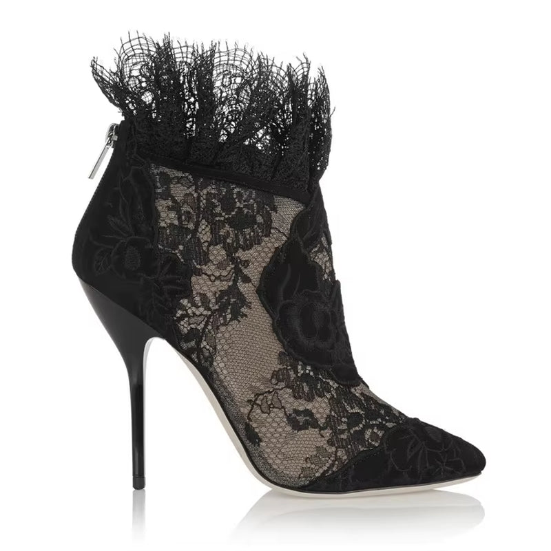 Chic British Autumn Booties - Sexy Pointed Toe Ankle Boots with Lace High Heels for Formal Elegance, Plus Size 42