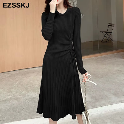 Autumn Winter A-LINE Sweater Dress Elegant Knit Drawstring Dress Women Slim Midi Dress Female Chic Knit Elegant Dress
