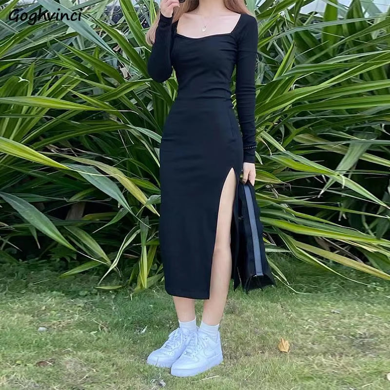 Chic Retro Black Sheath Dress with Square Collar and Side Slit – Perfect for Any Occasion!