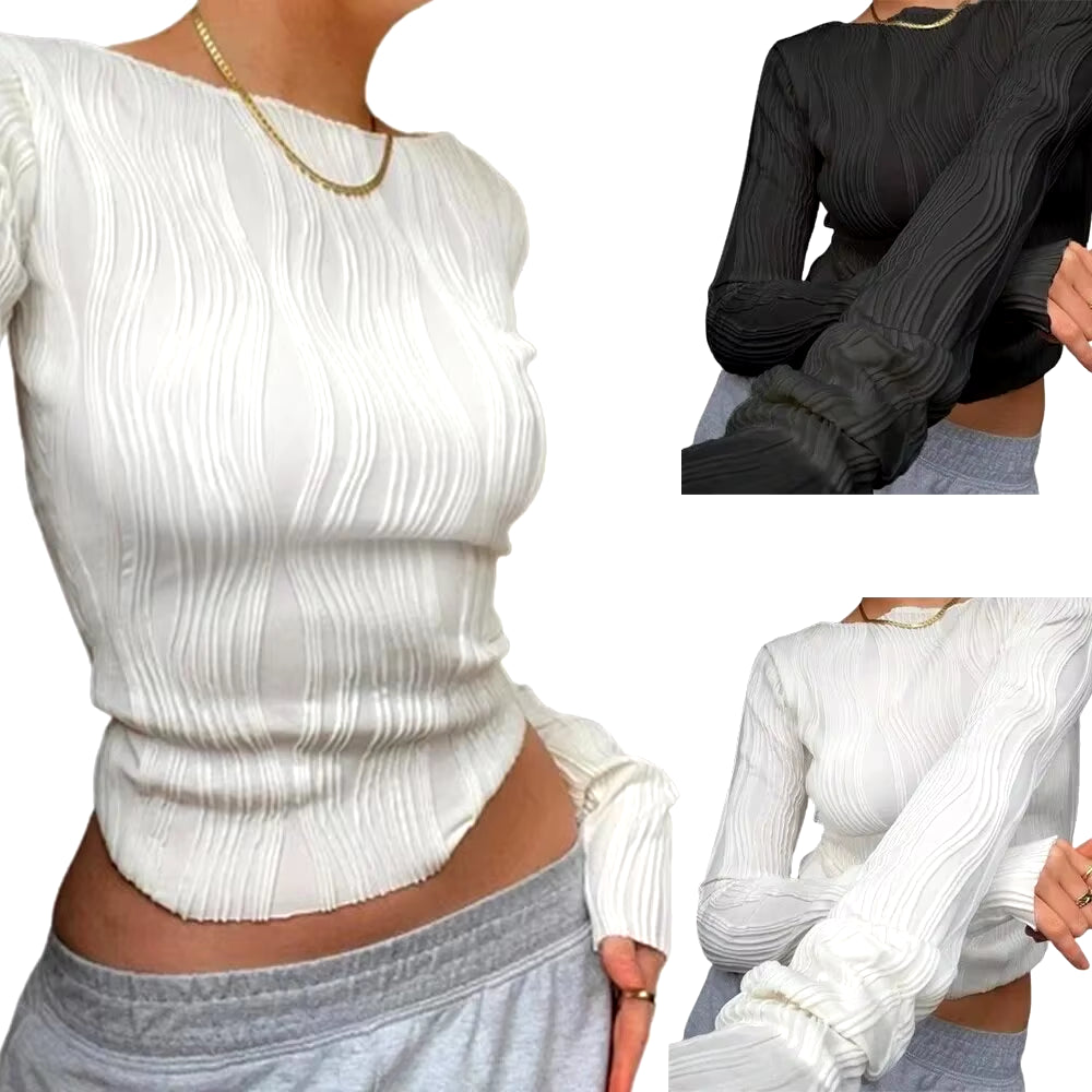 Chic Lightweight Long Sleeve Ruched Bodycon Blouse for Women - Retro Streetwear Style
