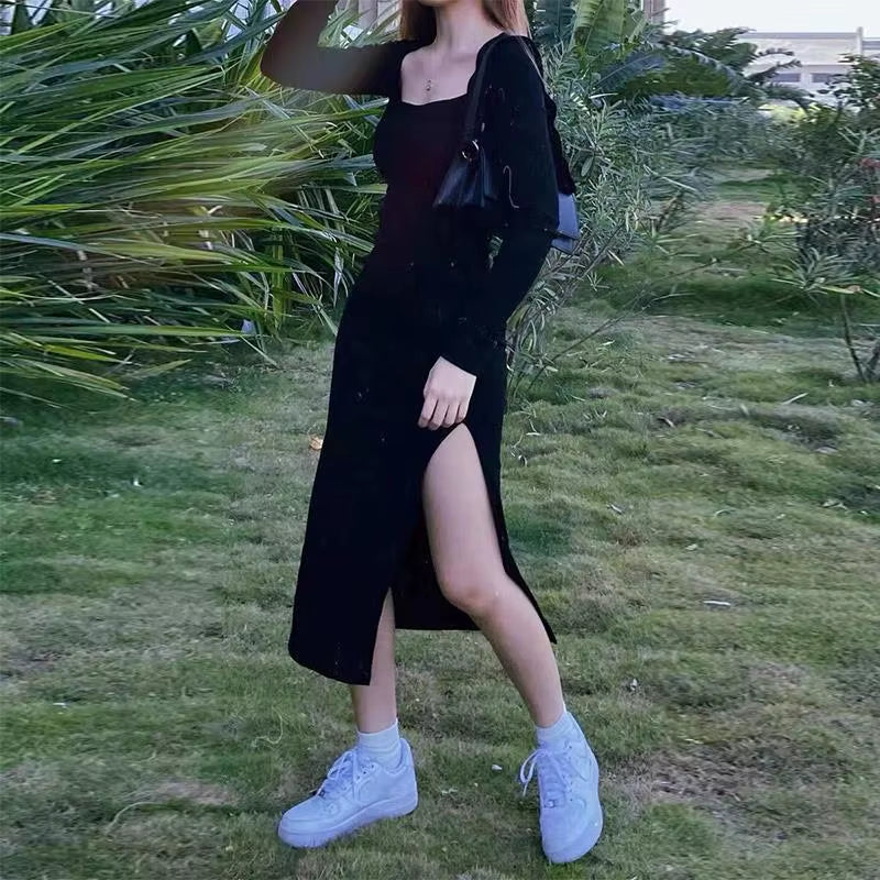 Chic Retro Black Sheath Dress with Square Collar and Side Slit – Perfect for Any Occasion!