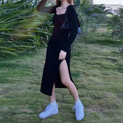 Chic Retro Black Sheath Dress with Square Collar and Side Slit – Perfect for Any Occasion!
