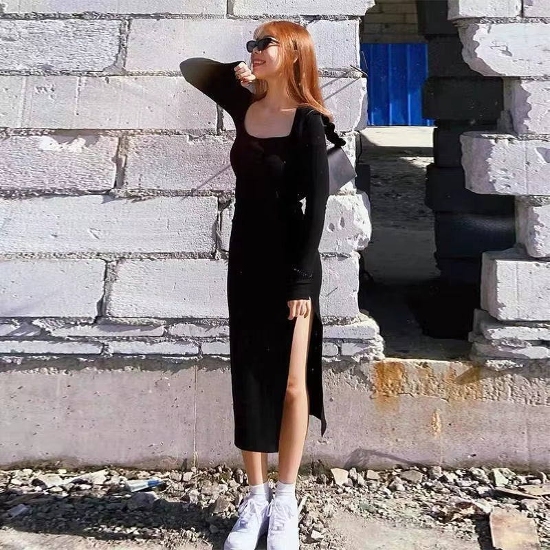Chic Retro Black Sheath Dress with Square Collar and Side Slit – Perfect for Any Occasion!