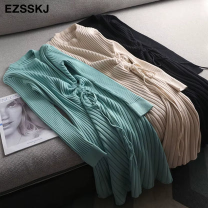 Autumn Winter A-LINE Sweater Dress Elegant Knit Drawstring Dress Women Slim Midi Dress Female Chic Knit Elegant Dress