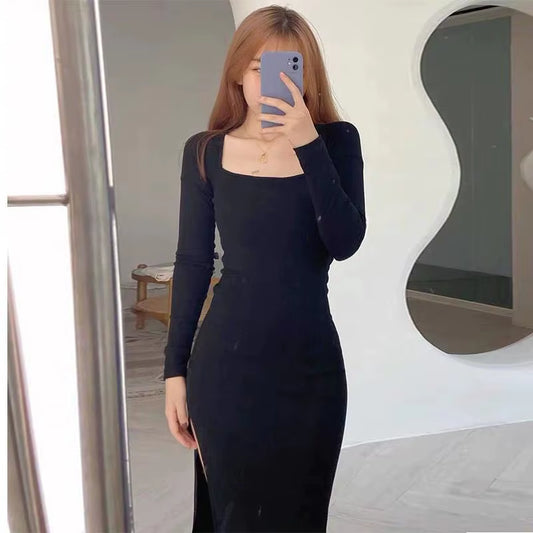 Chic Retro Black Sheath Dress with Square Collar and Side Slit – Perfect for Any Occasion!