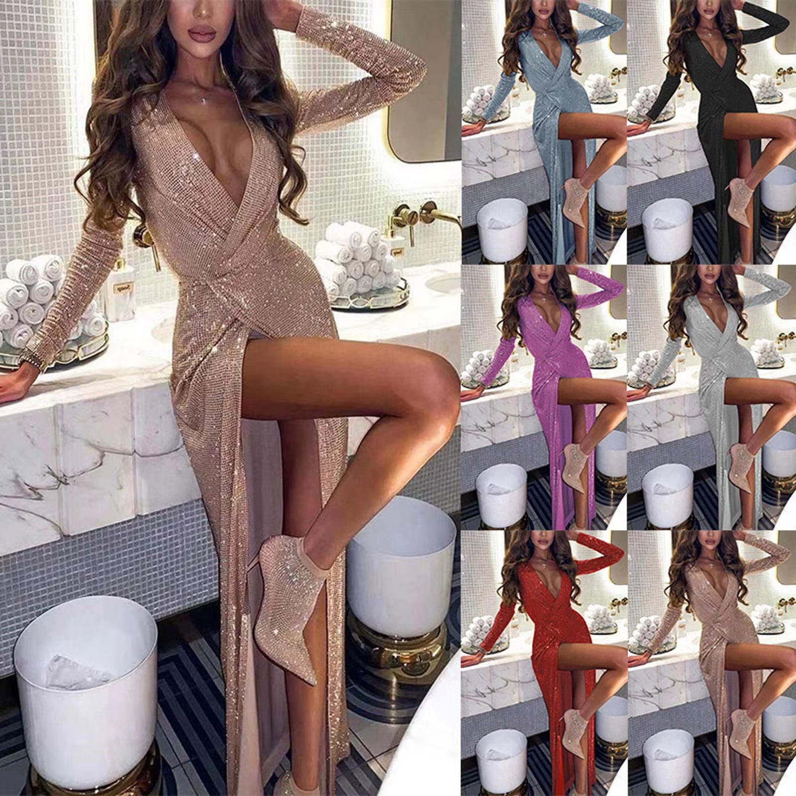 Stunning V-Neck Shiny Ball Gown - Sexy Long Sleeve Party Dress for Women