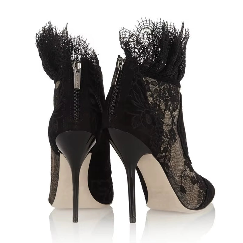 Chic British Autumn Booties - Sexy Pointed Toe Ankle Boots with Lace High Heels for Formal Elegance, Plus Size 42