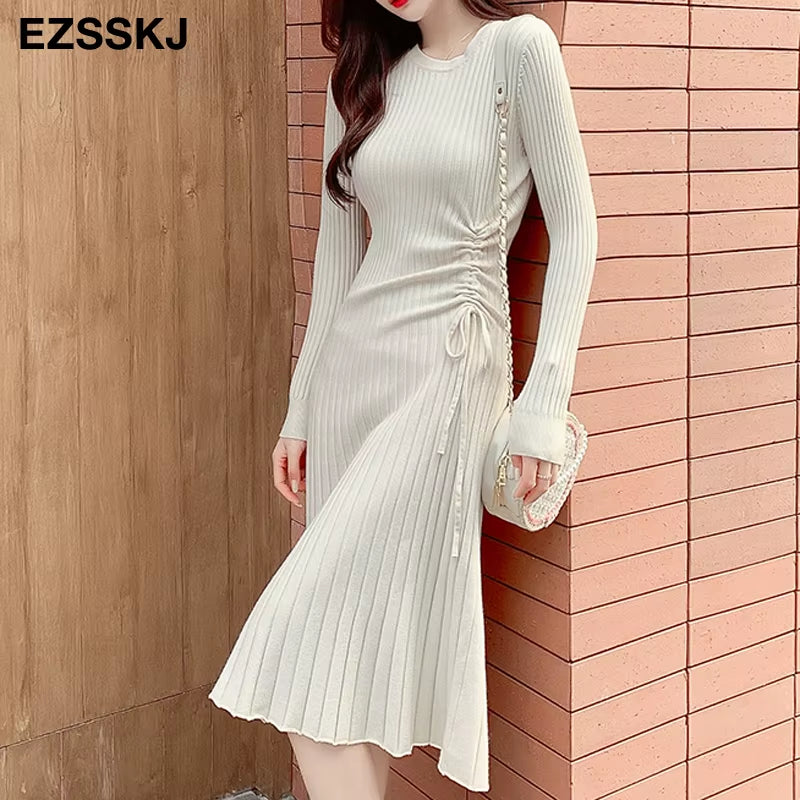 Autumn Winter A-LINE Sweater Dress Elegant Knit Drawstring Dress Women Slim Midi Dress Female Chic Knit Elegant Dress