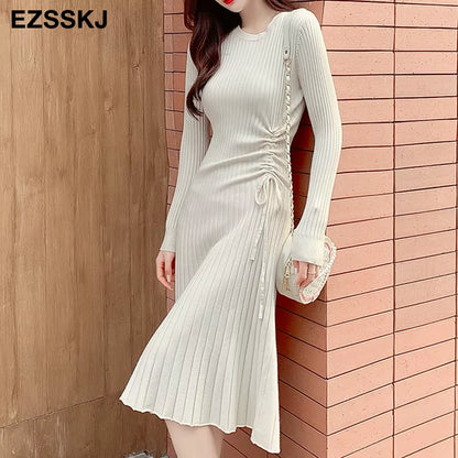 Autumn Winter A-LINE Sweater Dress Elegant Knit Drawstring Dress Women Slim Midi Dress Female Chic Knit Elegant Dress