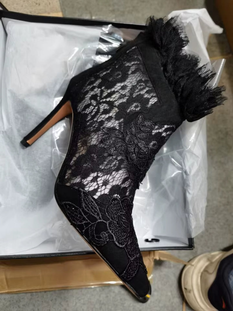 Chic British Autumn Booties - Sexy Pointed Toe Ankle Boots with Lace High Heels for Formal Elegance, Plus Size 42
