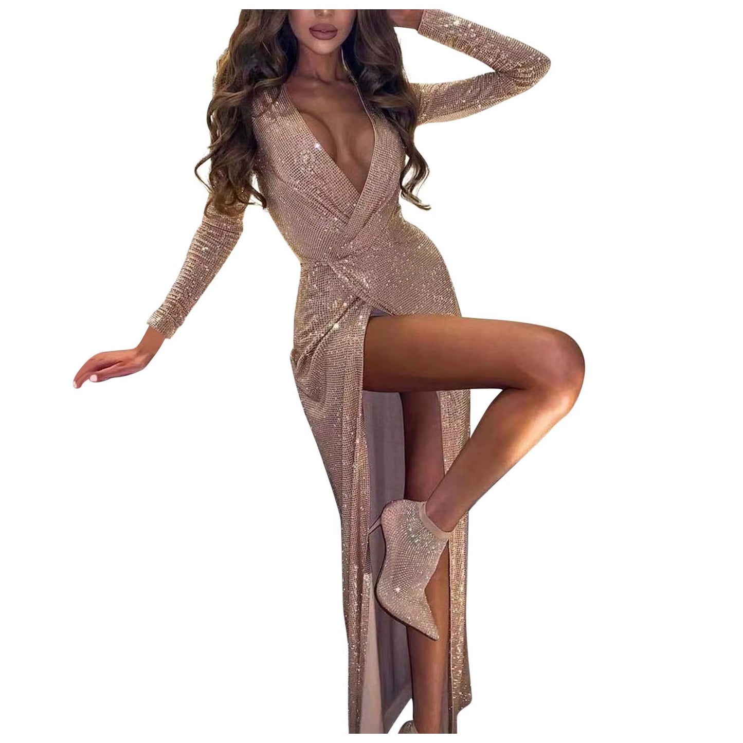 Stunning V-Neck Shiny Ball Gown - Sexy Long Sleeve Party Dress for Women