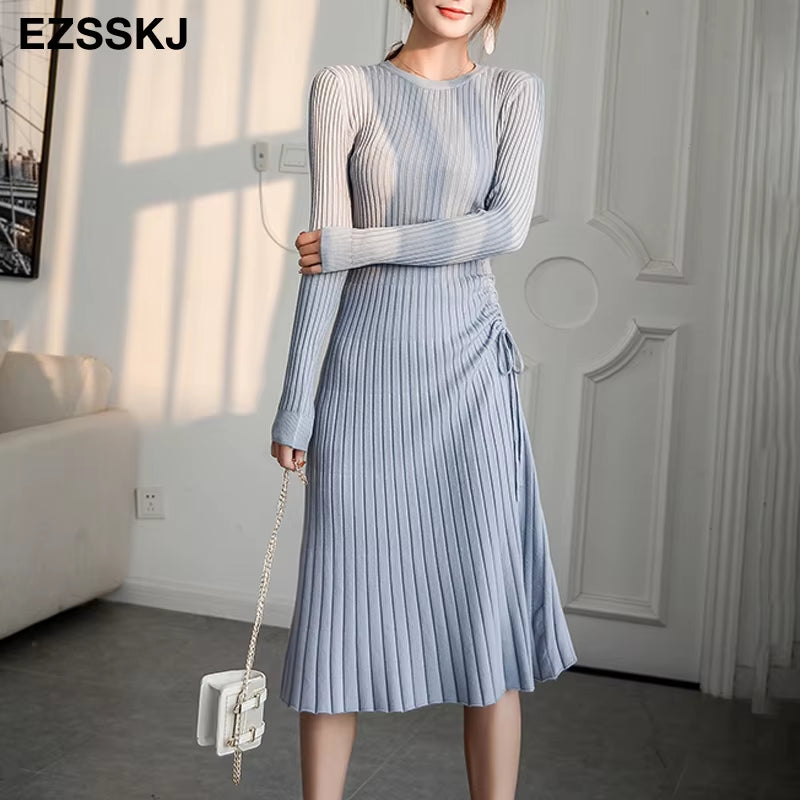 Autumn Winter A-LINE Sweater Dress Elegant Knit Drawstring Dress Women Slim Midi Dress Female Chic Knit Elegant Dress