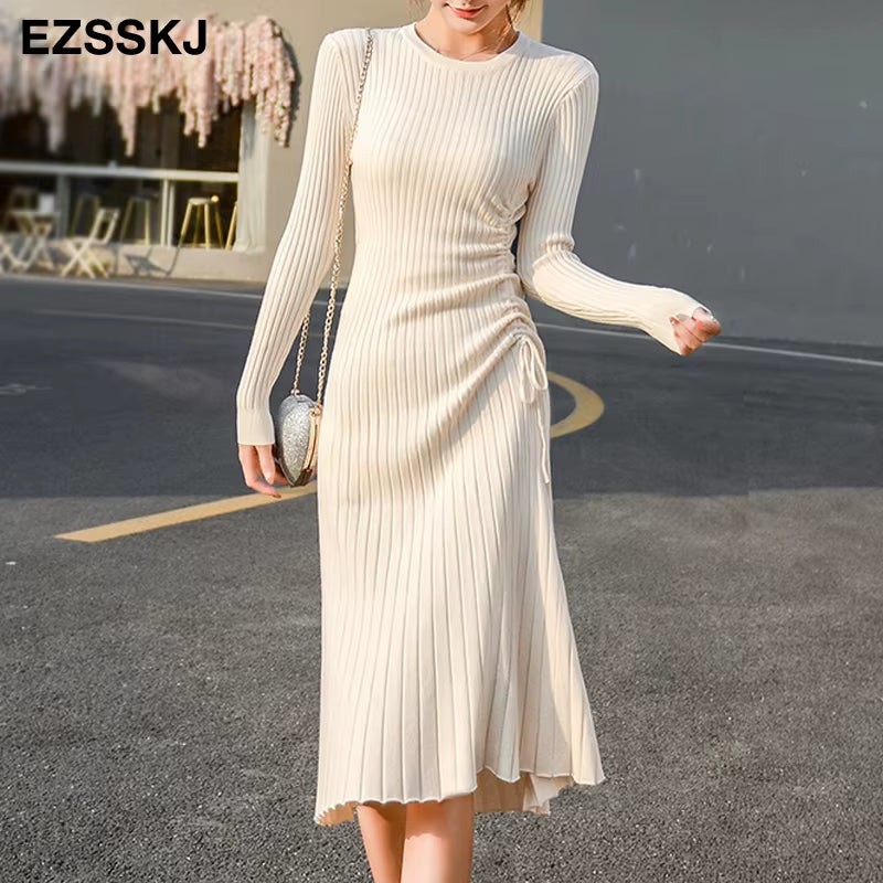 Autumn Winter A-LINE Sweater Dress Elegant Knit Drawstring Dress Women Slim Midi Dress Female Chic Knit Elegant Dress