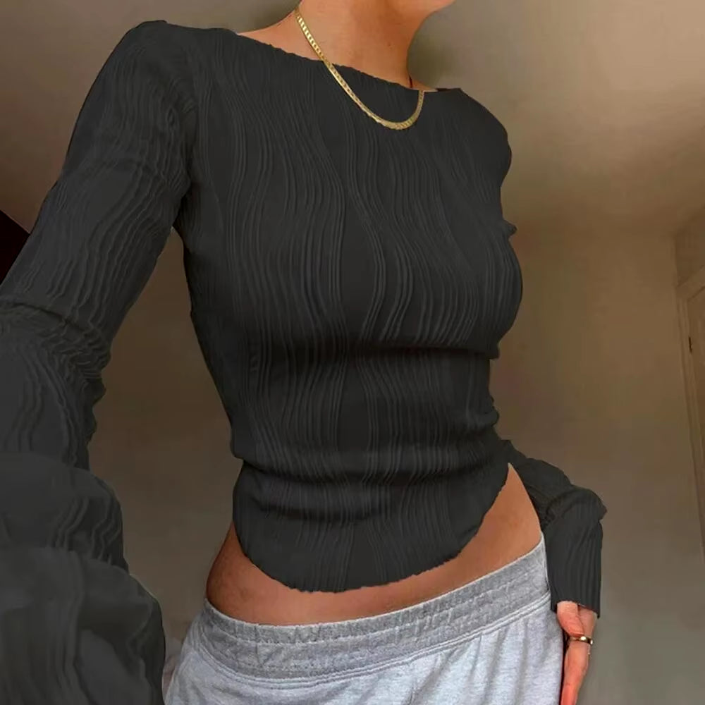 Chic Lightweight Long Sleeve Ruched Bodycon Blouse for Women - Retro Streetwear Style