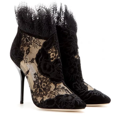 Chic British Autumn Booties - Sexy Pointed Toe Ankle Boots with Lace High Heels for Formal Elegance, Plus Size 42