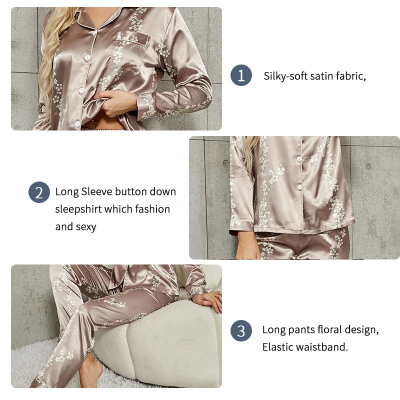 Chic Long Sleeve Pajama Set for Women - Button Down Print Nightwear with Trousers - Stylish Loungewear & Comfortable Sleepwear