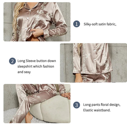 Chic Long Sleeve Pajama Set for Women - Button Down Print Nightwear with Trousers - Stylish Loungewear & Comfortable Sleepwear