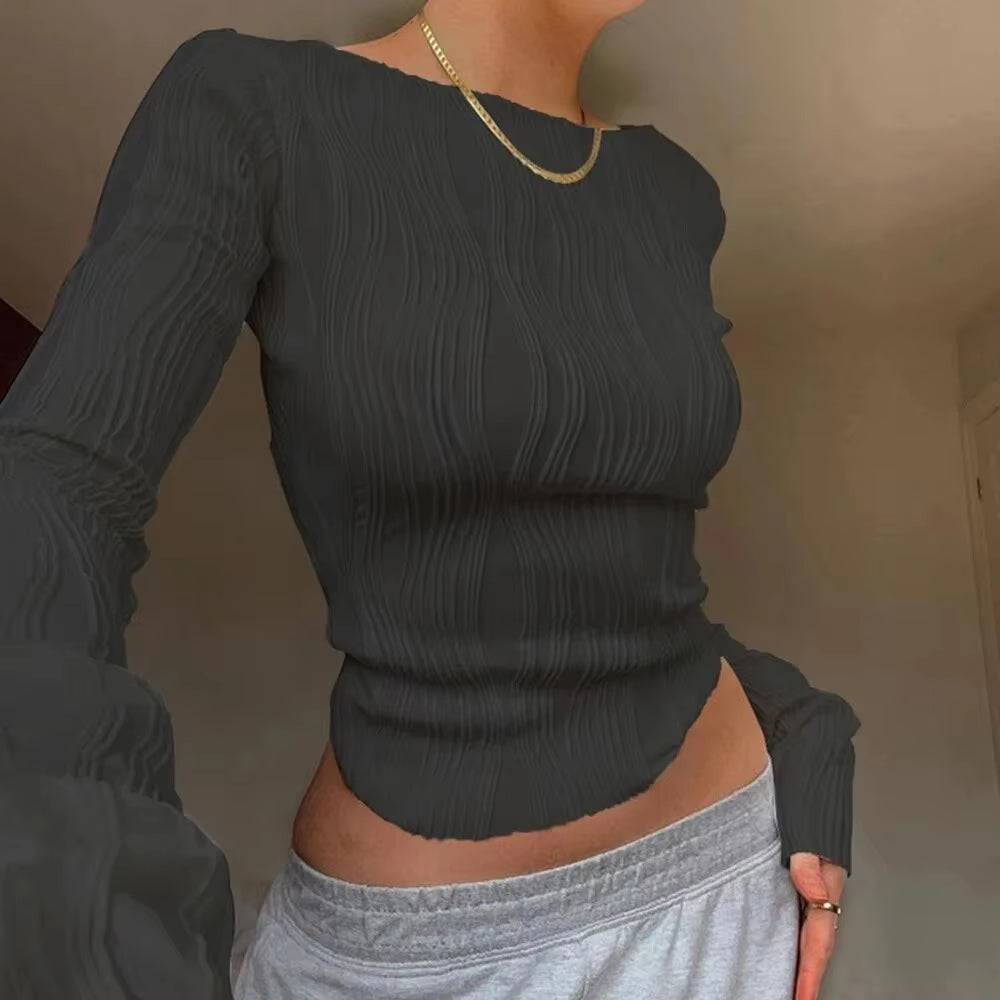 Chic Lightweight Long Sleeve Ruched Bodycon Blouse for Women - Retro Streetwear Style