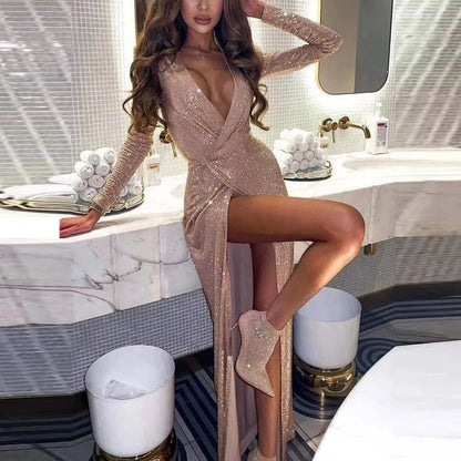 Stunning V-Neck Shiny Ball Gown - Sexy Long Sleeve Party Dress for Women