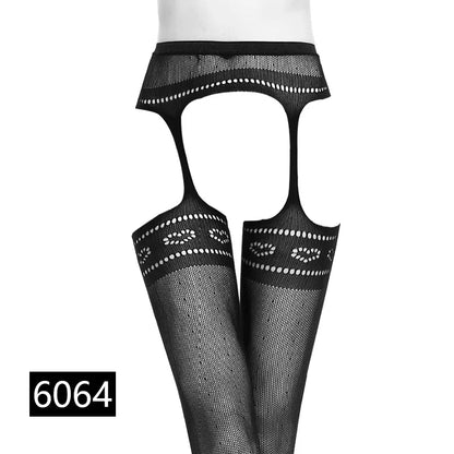 Seductive Black Fishnet Thigh Highs with Garter Belt - Elegant Elastic Stockings for Women