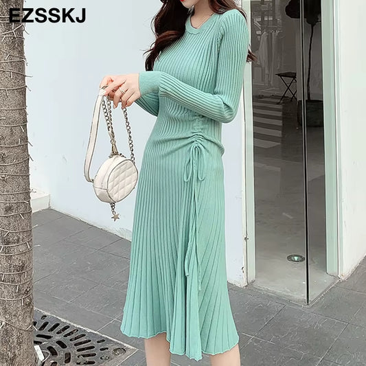 Autumn Winter A-LINE Sweater Dress Elegant Knit Drawstring Dress Women Slim Midi Dress Female Chic Knit Elegant Dress