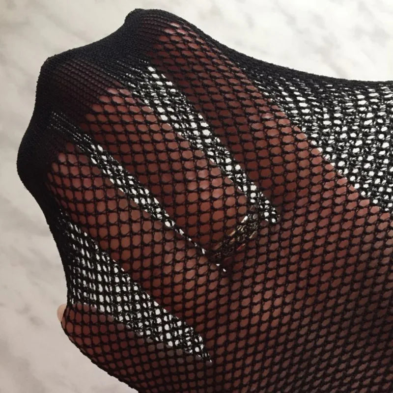 Seductive Black Fishnet Thigh Highs with Garter Belt - Elegant Elastic Stockings for Women