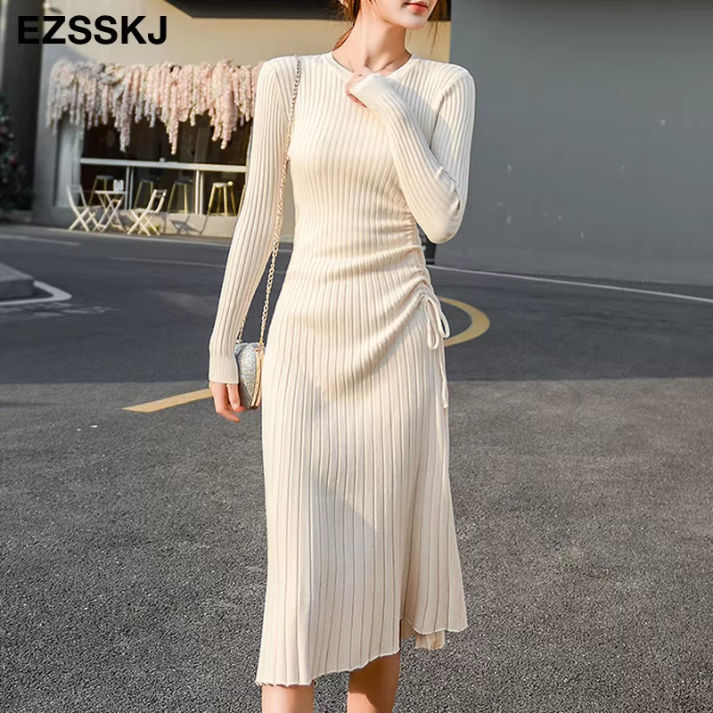 Autumn Winter A-LINE Sweater Dress Elegant Knit Drawstring Dress Women Slim Midi Dress Female Chic Knit Elegant Dress