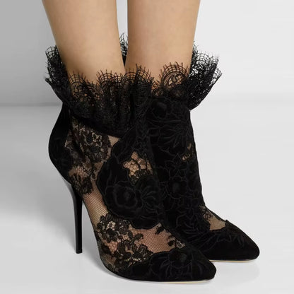 Chic British Autumn Booties - Sexy Pointed Toe Ankle Boots with Lace High Heels for Formal Elegance, Plus Size 42