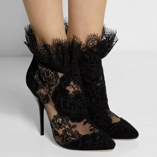 Chic British Autumn Booties - Sexy Pointed Toe Ankle Boots with Lace High Heels for Formal Elegance, Plus Size 42