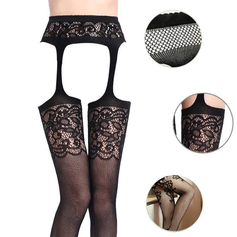 Seductive Black Fishnet Thigh Highs with Garter Belt - Elegant Elastic Stockings for Women